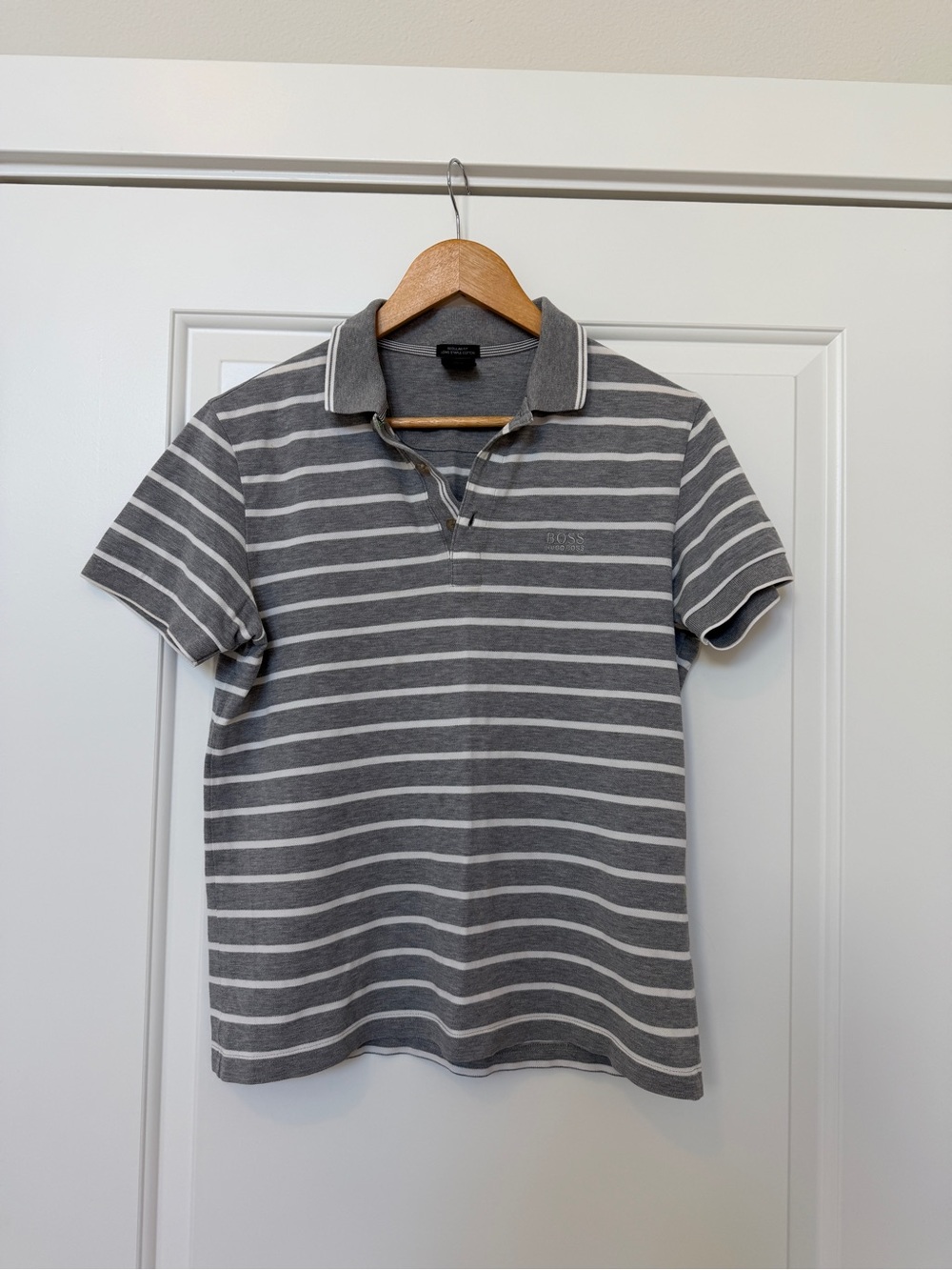 Boss Grey and White Striped Polo Shirt